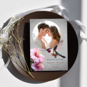 Hummingbird & Hibiscus Photo Save the Date Grey Announcement