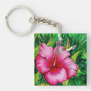 Hummingbird Hibiscus Watercolor Painting Key Ring