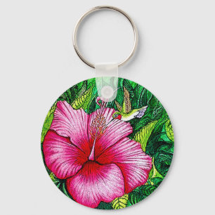Hummingbird Hibiscus Watercolor Painting Key Ring