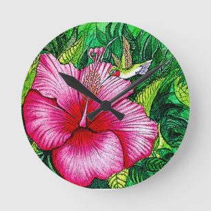Hummingbird Hibiscus Watercolor Painting Round Clock