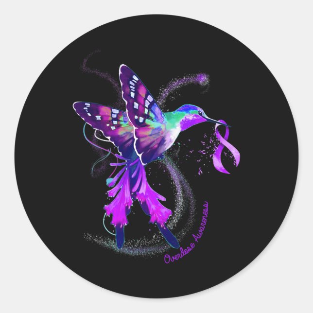 Hummingbird Hold Purple Ribbon Overdose Awareness  Classic Round Sticker (Front)