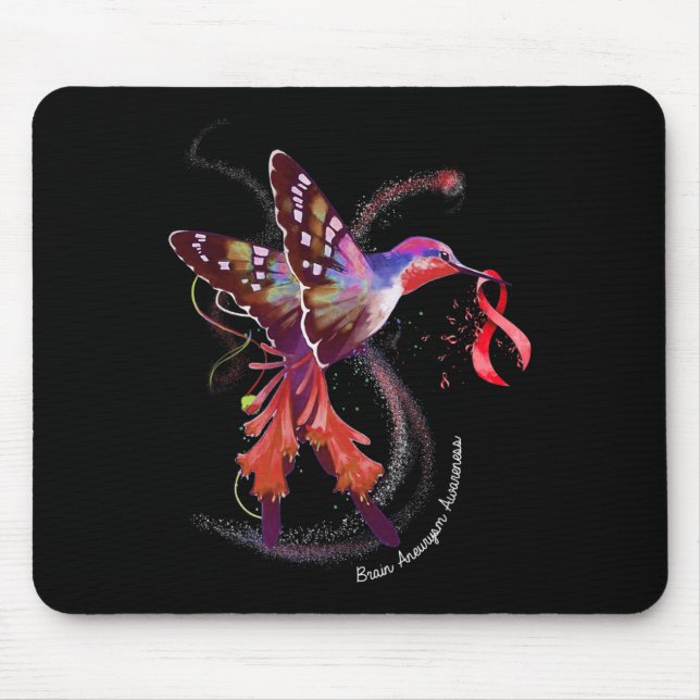 Hummingbird Holding Burgundy Ribbon Brain Aneurysm Mouse Pad (Front)