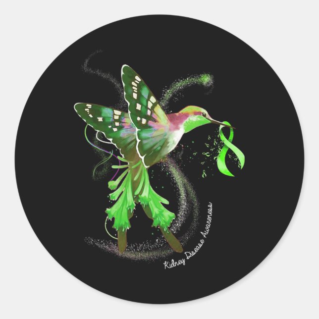 Hummingbird Holding Green Ribbon Kidney Disease Aw Classic Round Sticker (Front)