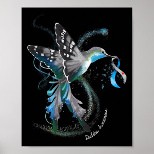 Hummingbird Holding Grey Blue Ribbon T1d Diabetes  Poster