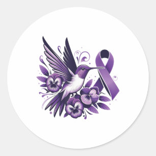 Hummingbird Holding Purple Pansy Ribbon Heimer Awa Classic Round Sticker