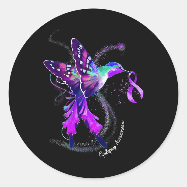 Hummingbird Holding Purple Ribbon Epilepsy Awarene Classic Round Sticker (Front)