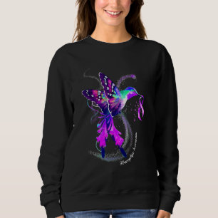 Hummingbird Holding Purple Ribbon Fibromyalgia Awa Sweatshirt