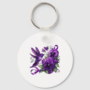 Hummingbird Holding Purple Ribbon Heimer Awareness Key Ring