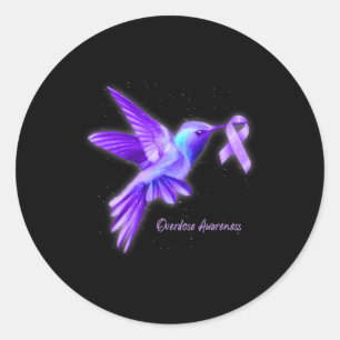 Hummingbird Holding Purple Ribbon Overdose Awarene Classic Round Sticker