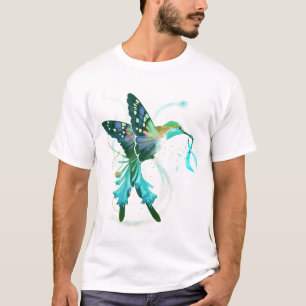 Hummingbird Holding Teal Ribbon Ovarian Cancer Awa T-Shirt