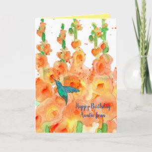 Hummingbird Hollyhocks Happy Birthday Aunt Card