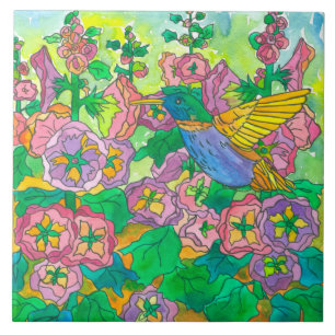 Hummingbird Hollyhocks Pink Garden Flowers Ceramic Tile