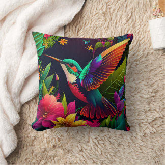 Hummingbird Hovering Over Tropical Garden Cushion