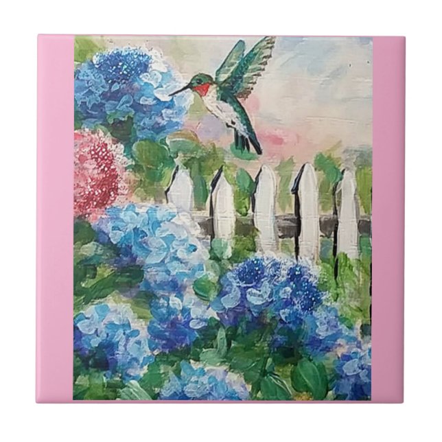 Hummingbird & Hydrangea flowers Decorative Tiles (Front)