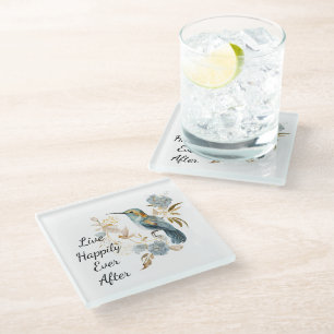 Hummingbird Hydrangea Flowers Glass Coaster