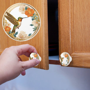 Hummingbird in a Circle Floral Frame Ceramic Knob