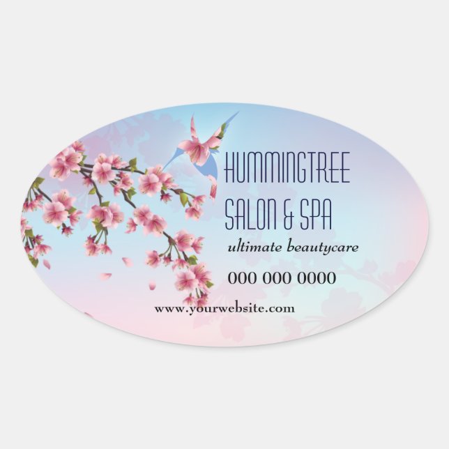 Hummingbird in Cherry Blossoms Promotional Oval Sticker (Front)