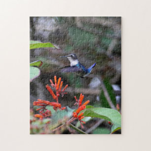 Hummingbird in Flight and Red Flowers Jigsaw Puzzle