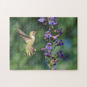 Hummingbird in Flight With Flower Jigsaw Puzzle
