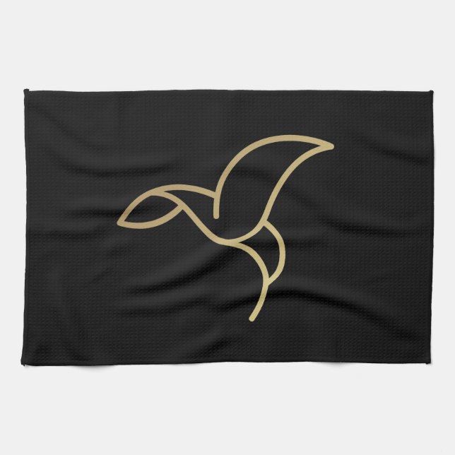 Hummingbird in Monoline Style - Gold on Black Tea Towel (Horizontal)