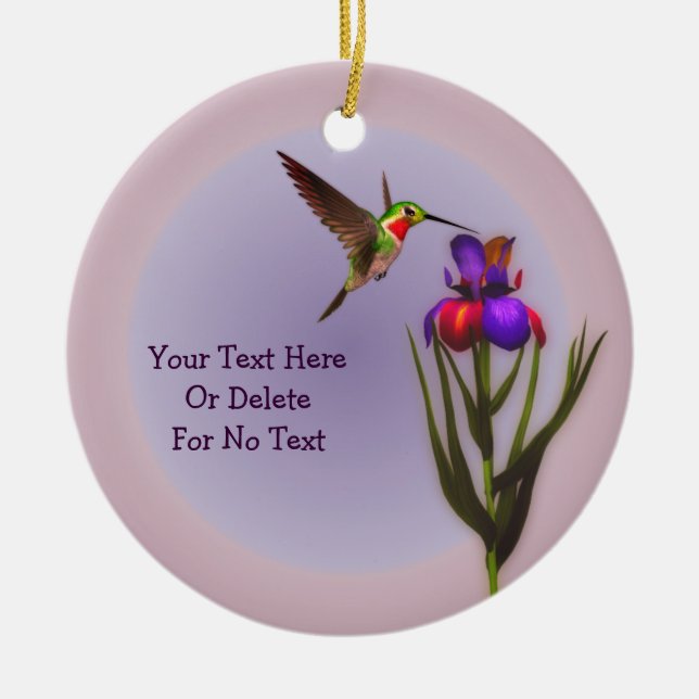 Hummingbird Iris Flower Personalised  Ceramic Ornament (Front)
