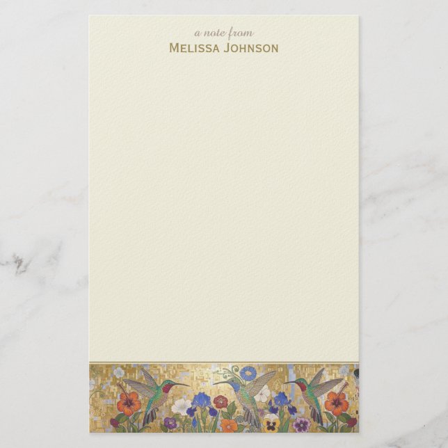 Hummingbird Klimt Style Personalized Custom Name Stationery (Front)