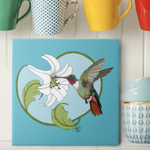 Hummingbird Lily Blue Art Nouveau Ceramic Tile