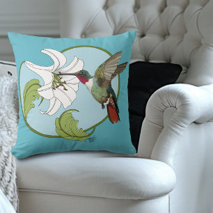 Hummingbird Lily Blue Art Nouveau  Cushion