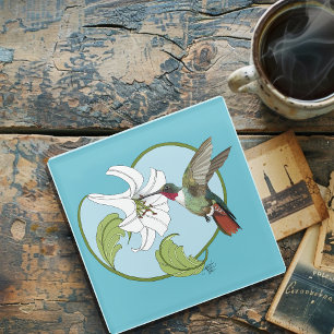 Hummingbird Lily Blue Art Nouveau Glass Coaster