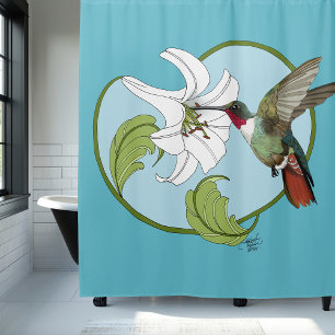 Hummingbird Lily Blue Art Nouveau Shower Curtain