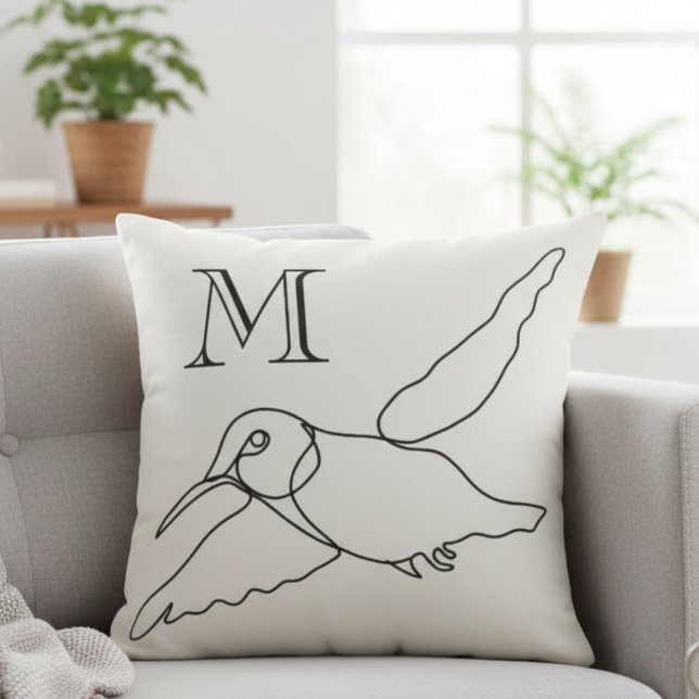 Hummingbird Line Art Monogram Housewarming Cushion (Minimalist modern hummingbird line art initial pillow)