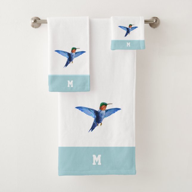 Hummingbird & Monogram on Light Blue & White Bath Towel Set (Insitu)