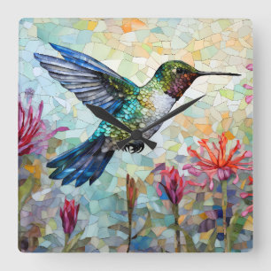 Hummingbird Mosaic Art Floral Square Wall Clock