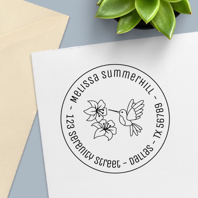 Hummingbird near Flowers Round Address 2 Self-inking Stamp (Creator Uploaded)