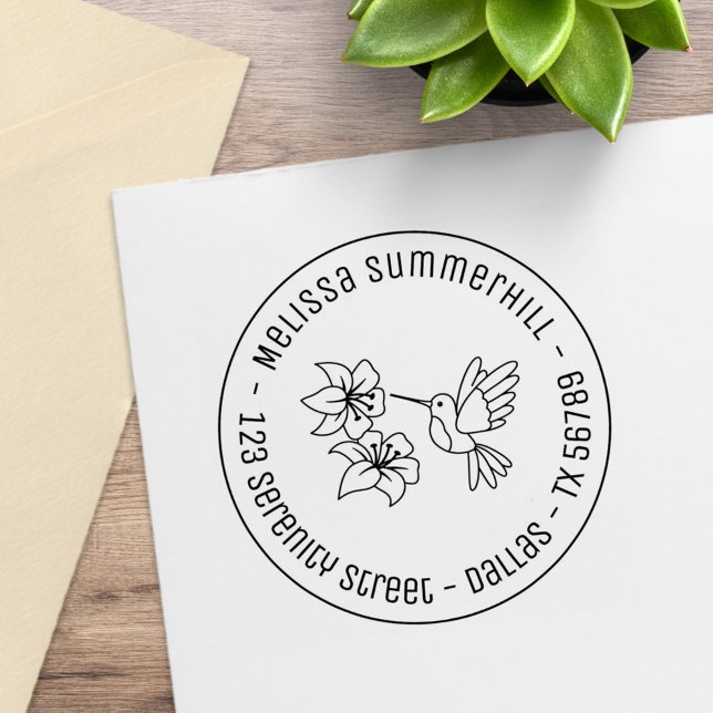 Hummingbird near Flowers Round Address Rubber Stamp (Creator Uploaded)