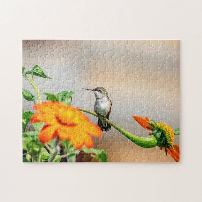 Hummingbird on a flowering plant jigsaw puzzle (Horizontal)