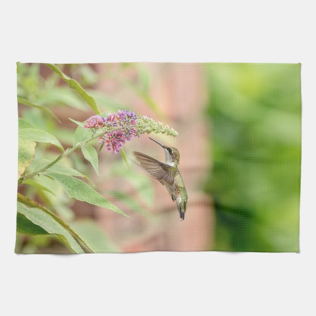 Hummingbird on a flowering plant tea towel (Horizontal)
