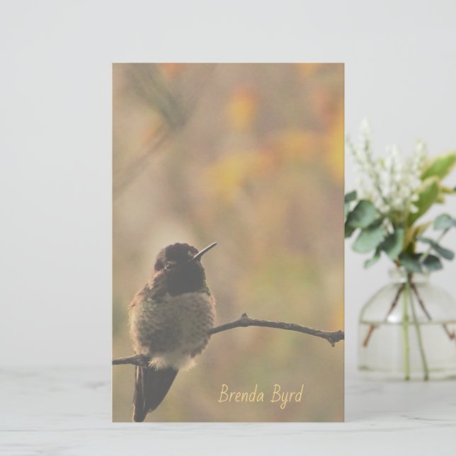 Hummingbird On Branch Warm Yellow Green Colours Stationery (Standing Front)