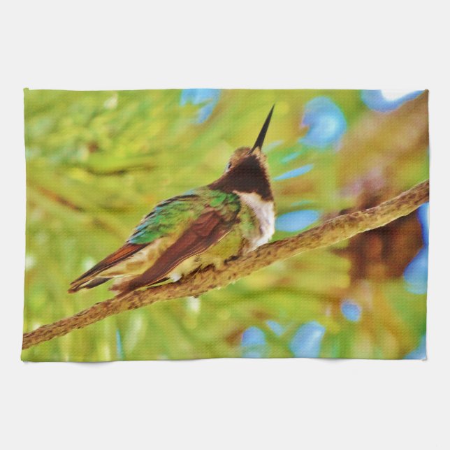 Hummingbird on evergreen tea towel (Horizontal)