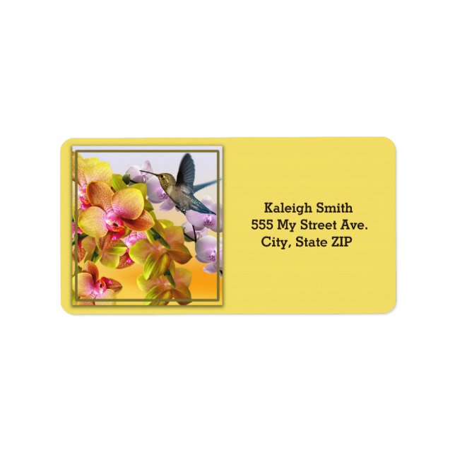 Hummingbird on Lilacs and Orchids on Yellow Label (Front)