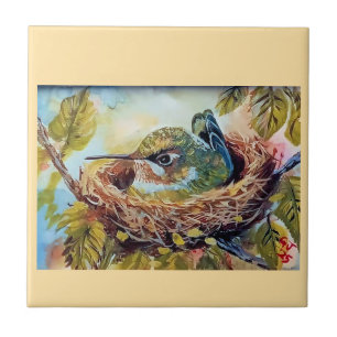 Hummingbird on Nest Ceramic Tile