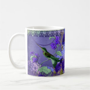 Hummingbird on purple crystal and lace back with coffee mug