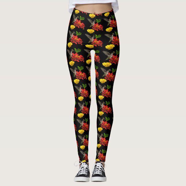 Hummingbird on Red Yellow Flowers Leggings (Front)
