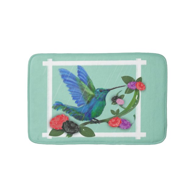 hummingbird on teal bath mat (Front)