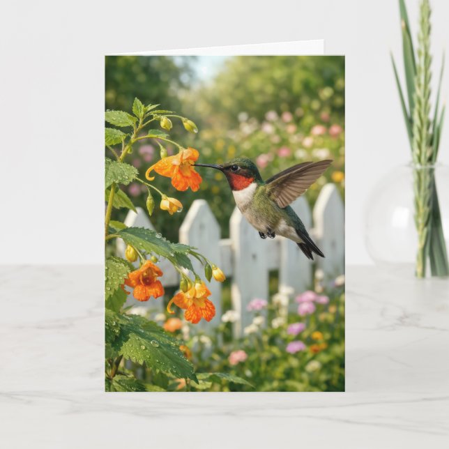 Hummingbird On Touch-Me-Not Flower Card (Front)