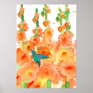 Hummingbird Orange Hollyhocks Flowers Poster