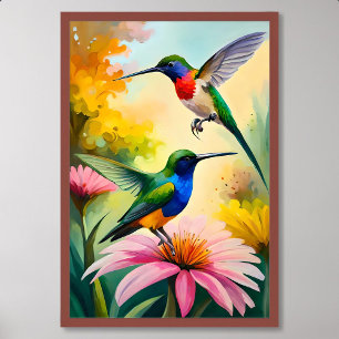 Hummingbird Painting: Couple Dancing Among Flowers Poster
