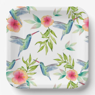 Hummingbird Paper Plates, Watercolor Bird Party Plate