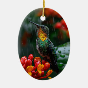 Hummingbird Perched on Bright Flower Ceramic Ornament
