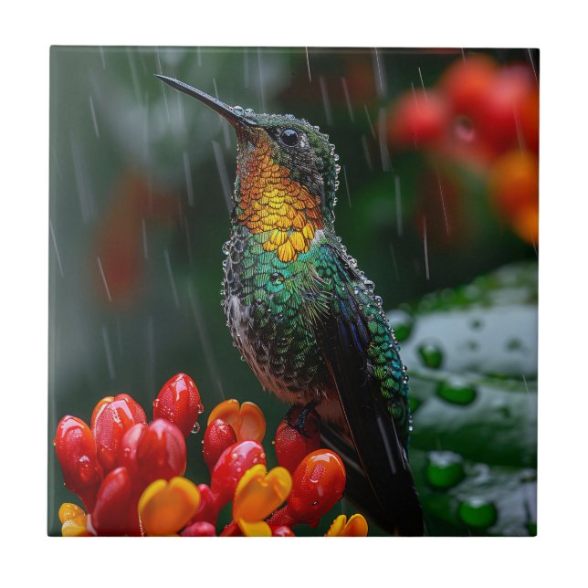 Hummingbird Perched on Bright Flower Ceramic Tile (Front)